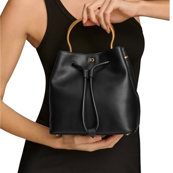 DONNA KARAN LAWRENCE BUCKET BAG BLACK W/GOLD HANDLE - Picture 4 of 13